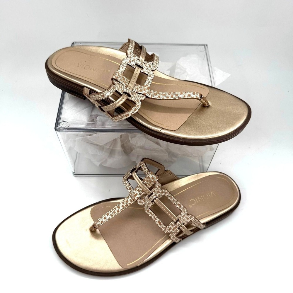Vionic Alvana Gold Leather Thong Sandals Flat‎ Heeled Size 5